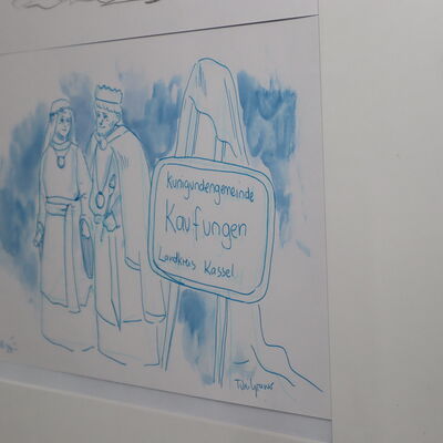 Bild vergr��ern: Ein wichtiger Moment f�r die Ewigkeit als Zeichnung festgehalten: Die Enth�llung des neuen Ortsschilds mit der Zusatzbezeichnung �Kunigundengemeinde� durch das Kaiserpaar.